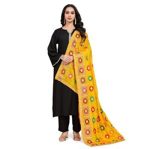 8289 Women's Chinnon Silk Aari Embroided Phulkari Dupatta, Chunni (yellow,